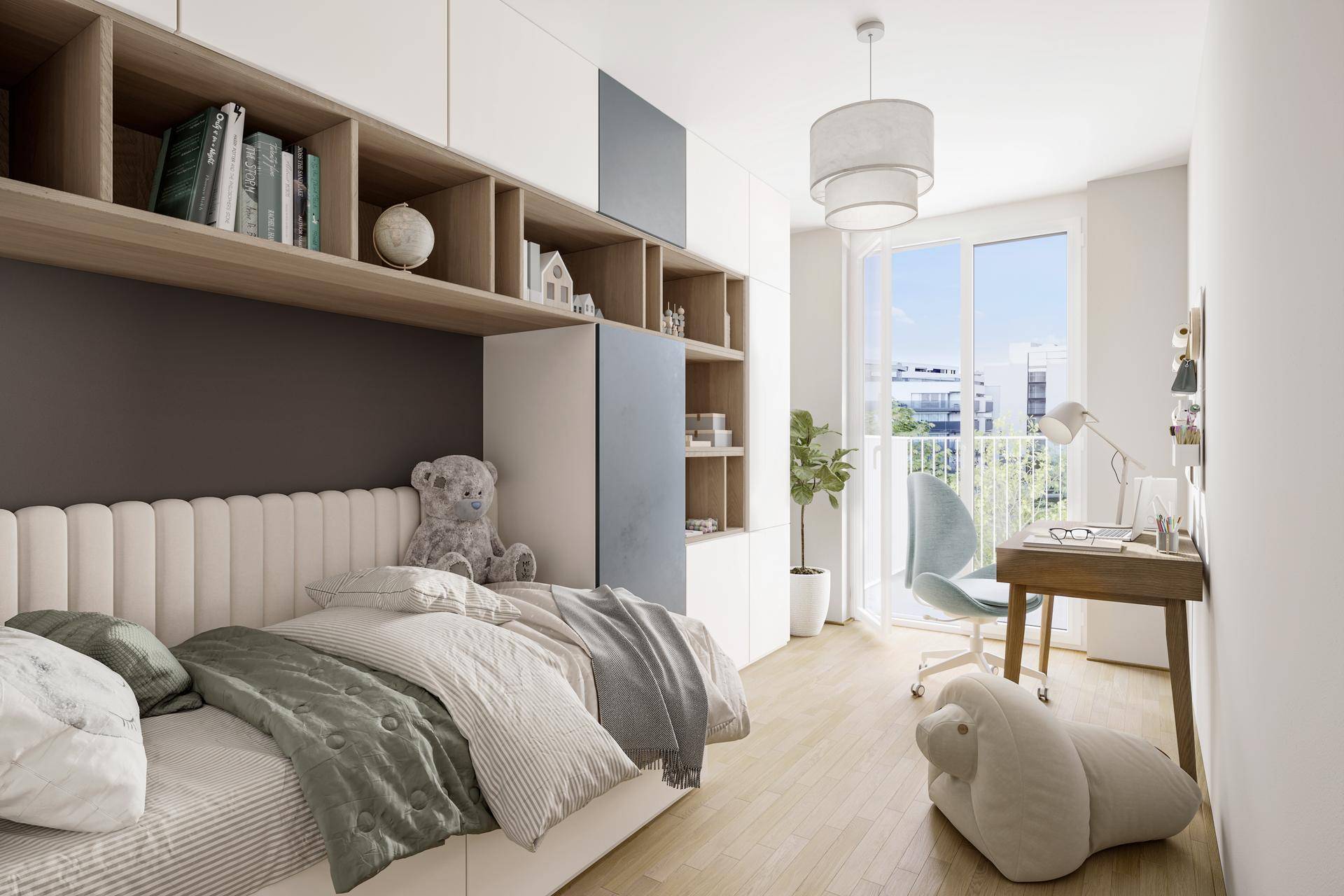 Kinderzimmer mit integrierten Regalen, Schreibtisch und Zugang zu einem französischen Balkon.
