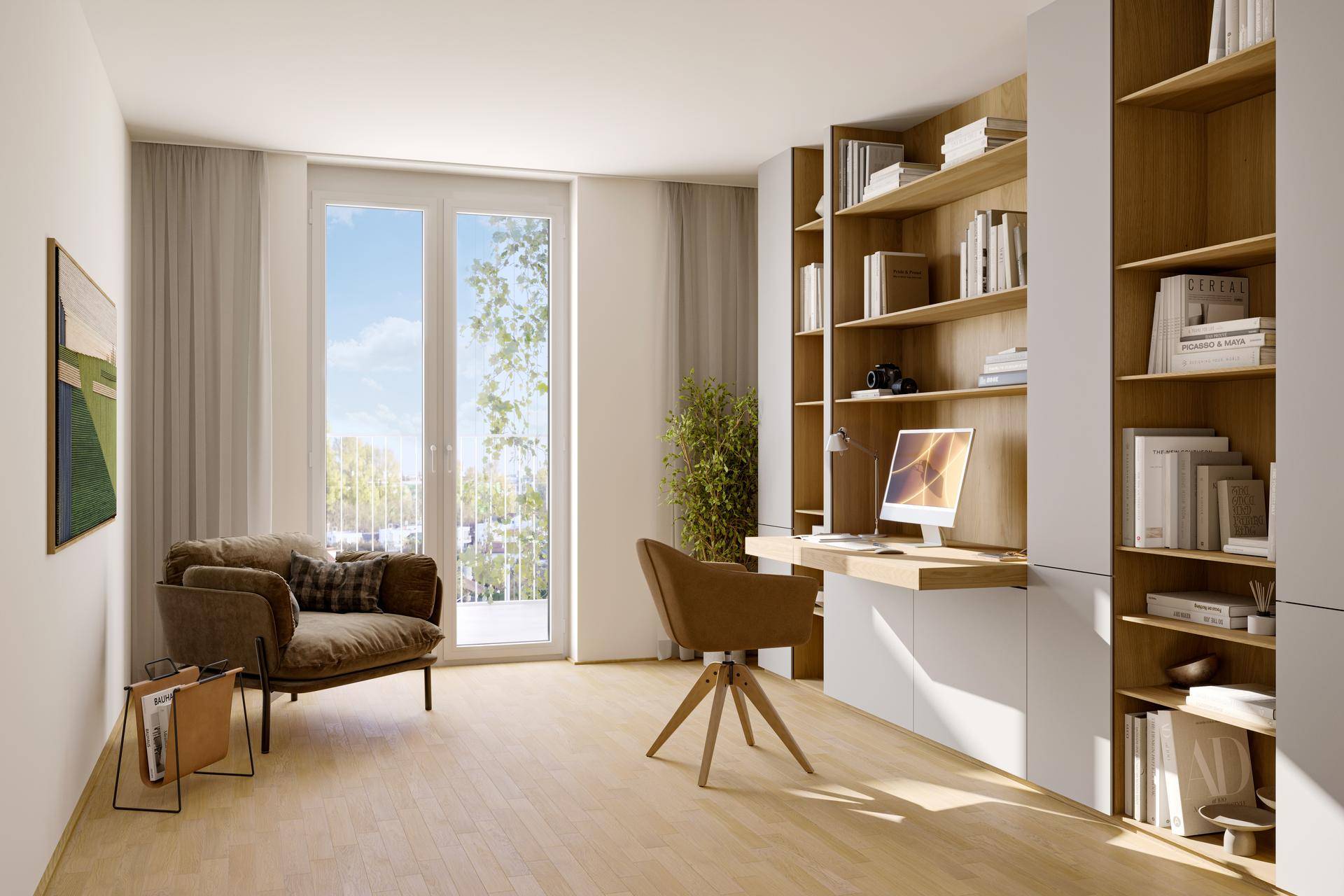 Helles Arbeitszimmer mit integriertem Bücherregal, Schreibtisch und Balkonzugang.