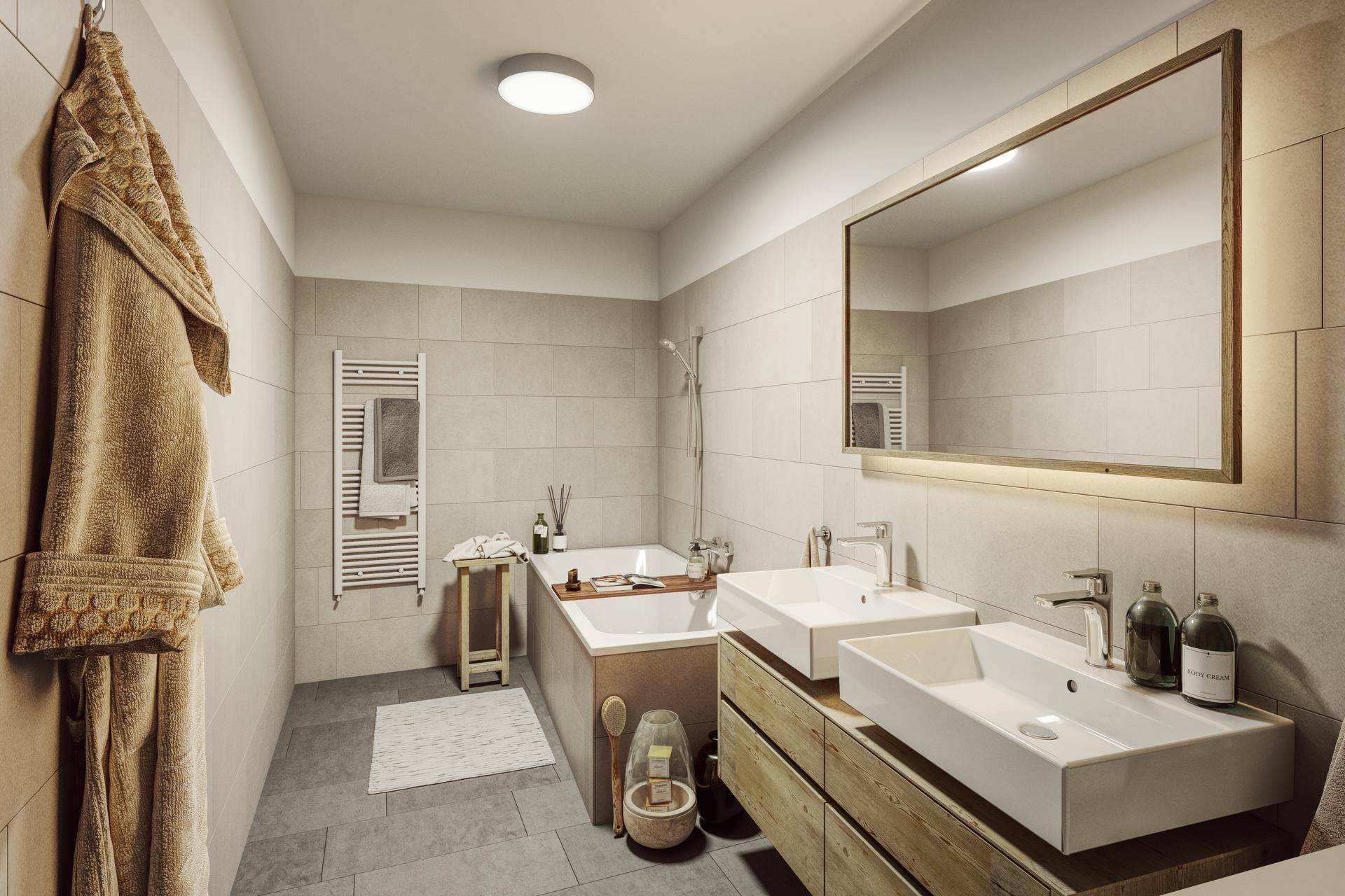 Modernes Badezimmer mit Doppelwaschbecken, Badewanne und beheiztem Handtuchhalter.