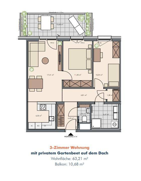 Grundriss einer 3-Zimmer-Wohnung mit Balkon und privatem Gartenbeet auf dem Dach.