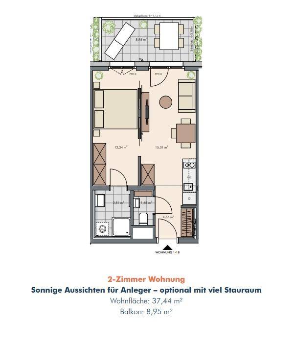 Grundriss einer 2-Zimmer-Wohnung mit Balkon und praktischer Raumaufteilung.