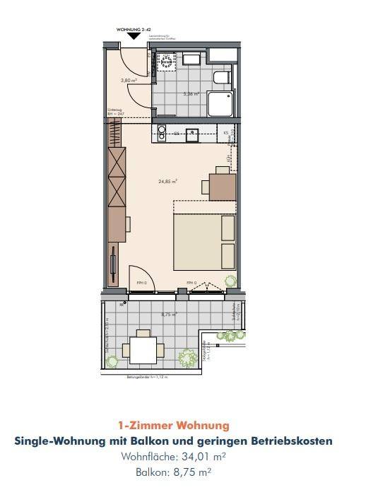 Grundriss einer 1-Zimmer-Wohnung mit Balkon und effizienter Raumaufteilung.