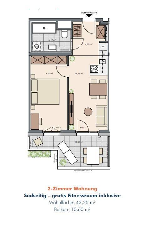 Grundriss einer 2-Zimmer-Wohnung mit Balkon und optimierter Raumgestaltung.