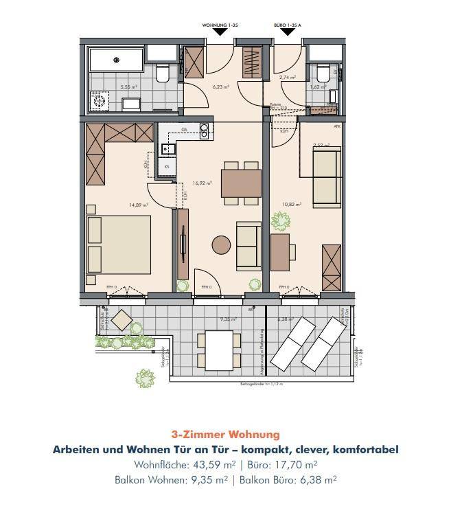 Grundriss einer 3-Zimmer-Wohnung mit separatem Büro, Balkon und cleverer Raumgestaltung.