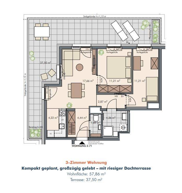 Grundriss einer 3-Zimmer-Wohnung mit großzügiger Dachterrasse und effizienter Raumaufteilung.