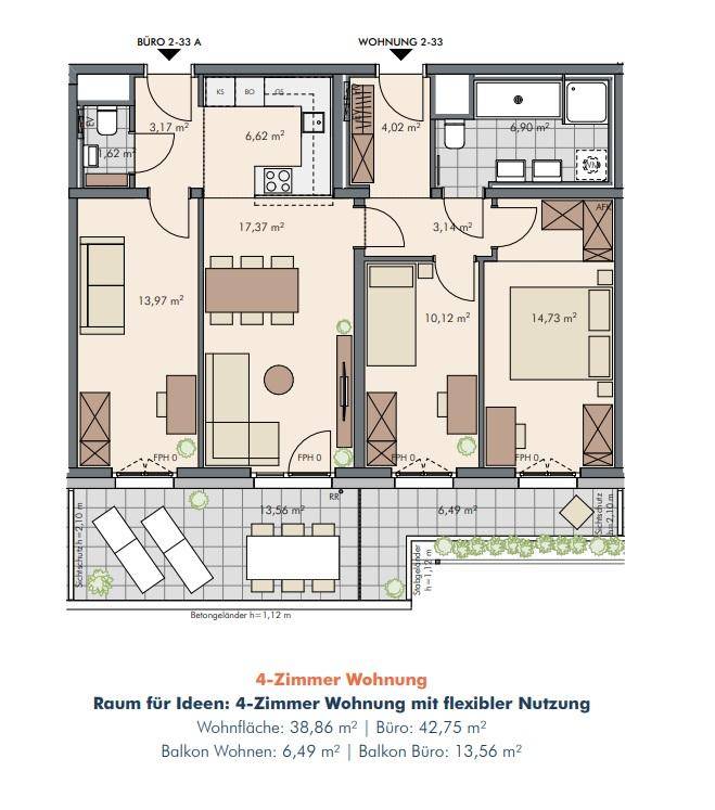 Grundriss einer 4-Zimmer-Wohnung mit flexiblem Büro, Balkon und vielseitiger Nutzung.