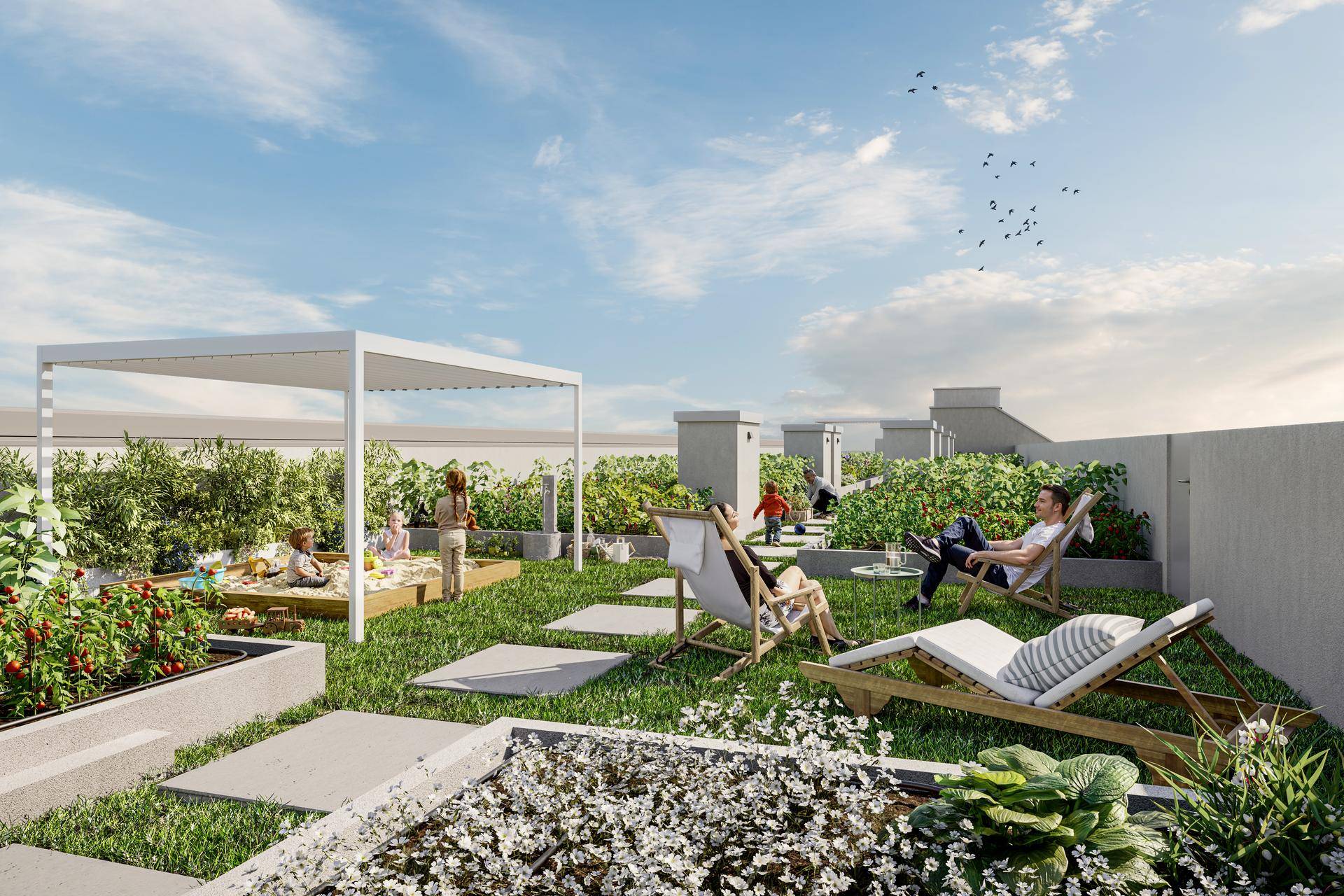 Grüne Dachterrasse mit Liegestühlen, Spielbereich und Gemeinschaftsgarten für Entspannung.