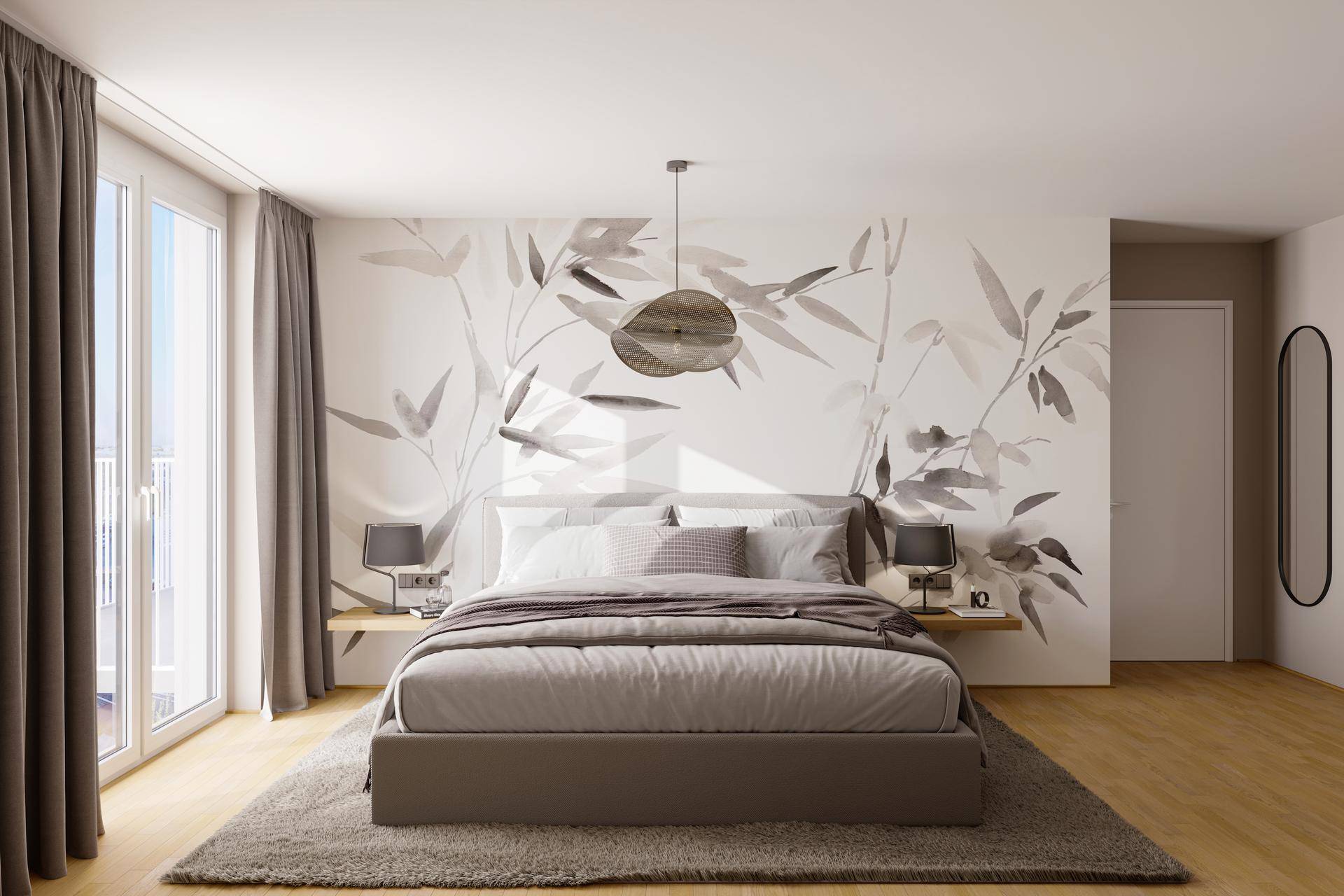 Geräumiges Schlafzimmer mit stilvoller Wandgestaltung, Holzboden und Balkonzugang.