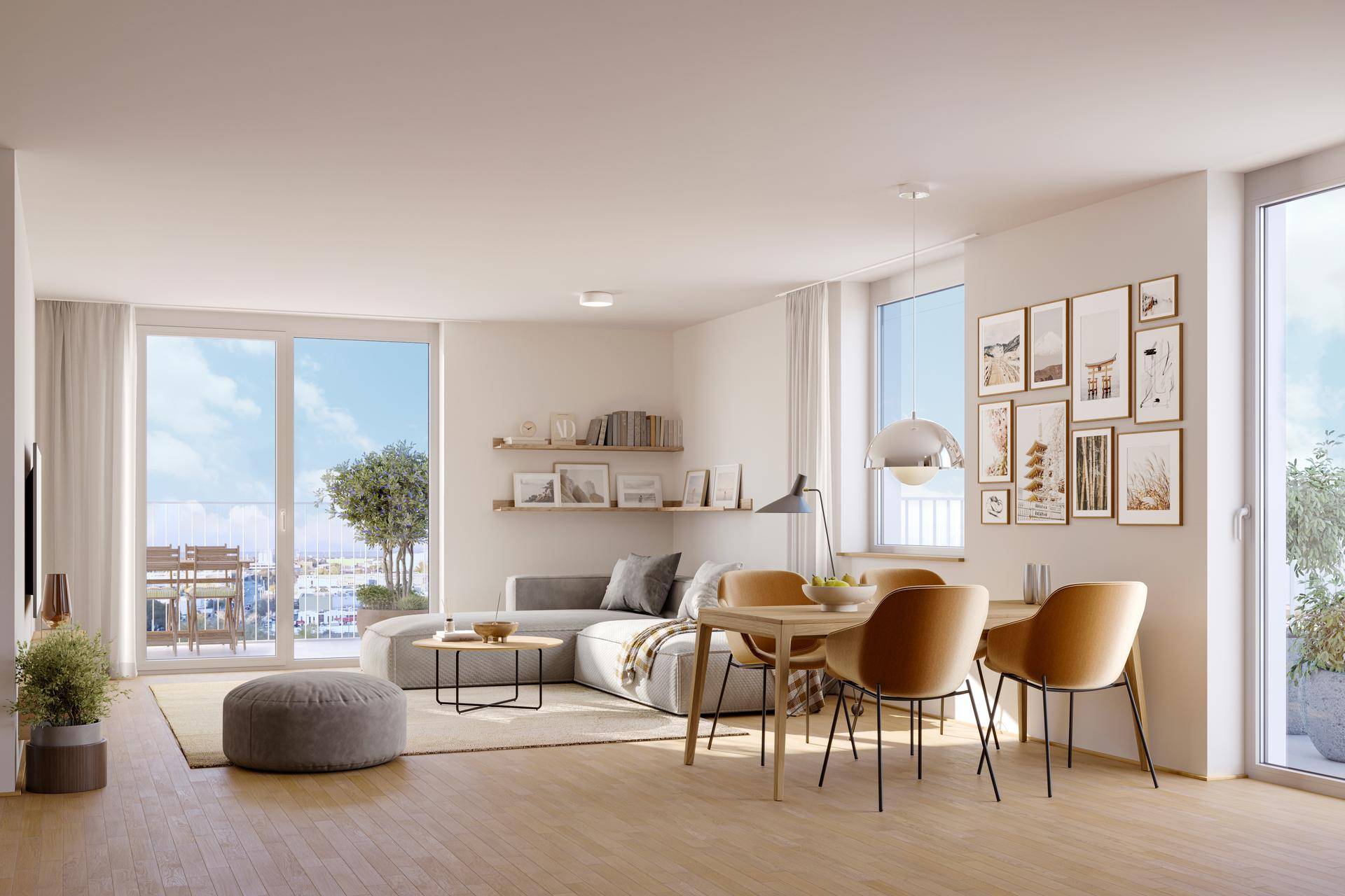 Heller Wohn-Essbereich mit modernem Design, Holzboden und Zugang zu einem Balkon.
