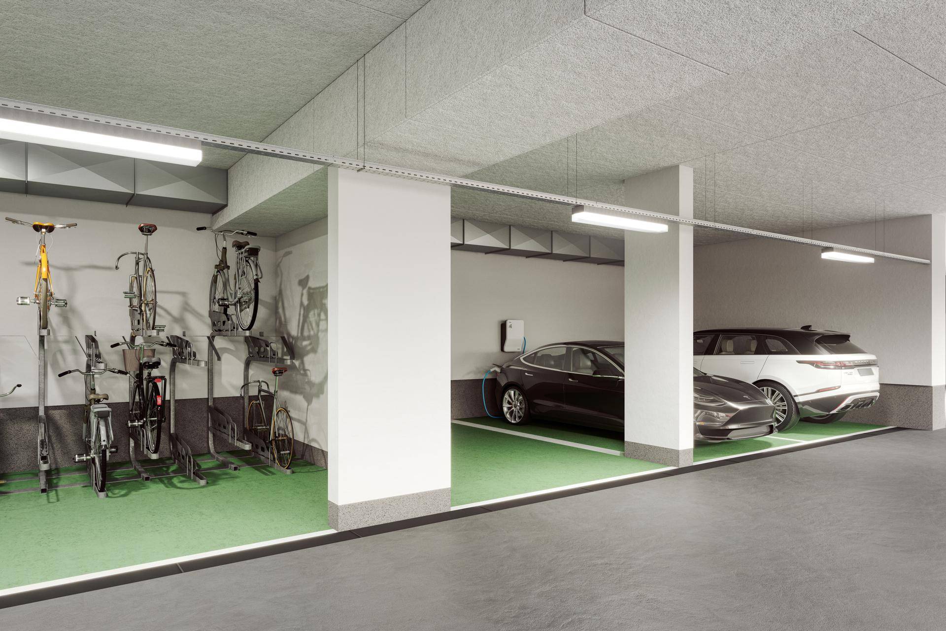 Tiefgarage mit Stellplätzen, E-Ladestationen und Fahrradabstellmöglichkeiten.