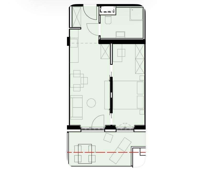 Grundriss einer Wohnung mit offenem Wohnbereich, Schlafzimmer und Balkon.