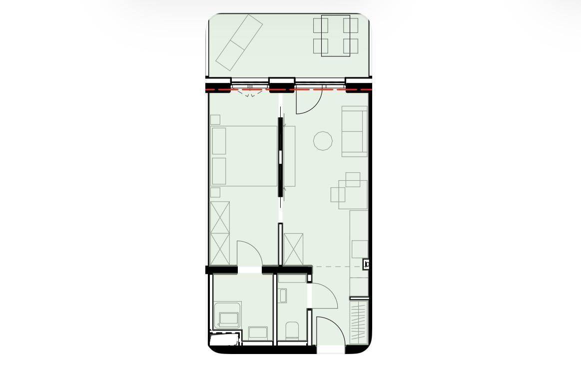 Grundriss einer Wohnung mit Schlafzimmer, Wohnbereich, Bad und Balkon.