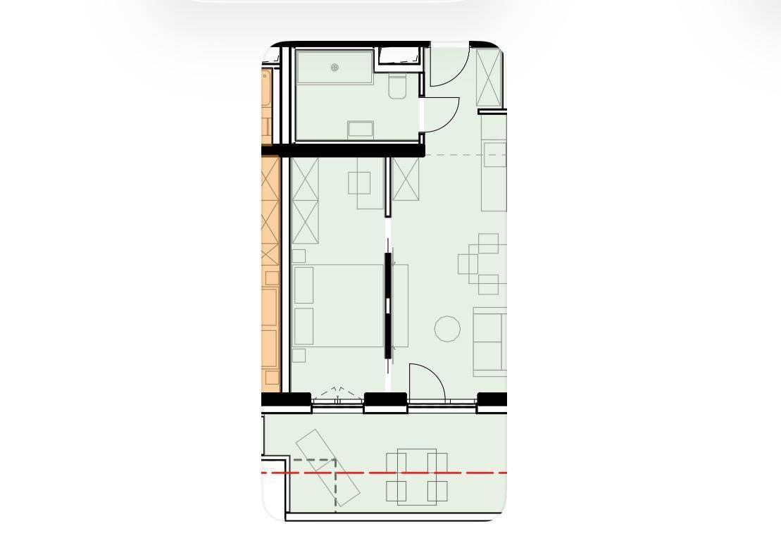 Grundriss einer Wohnung mit Schlafzimmer, Bad und offenem Wohnbereich mit Balkon.