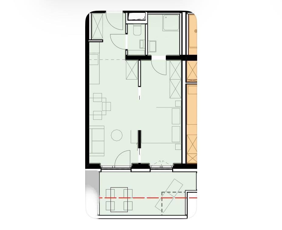 Grundriss einer Wohnung mit offenem Wohnbereich, Schlafzimmer und Balkon.