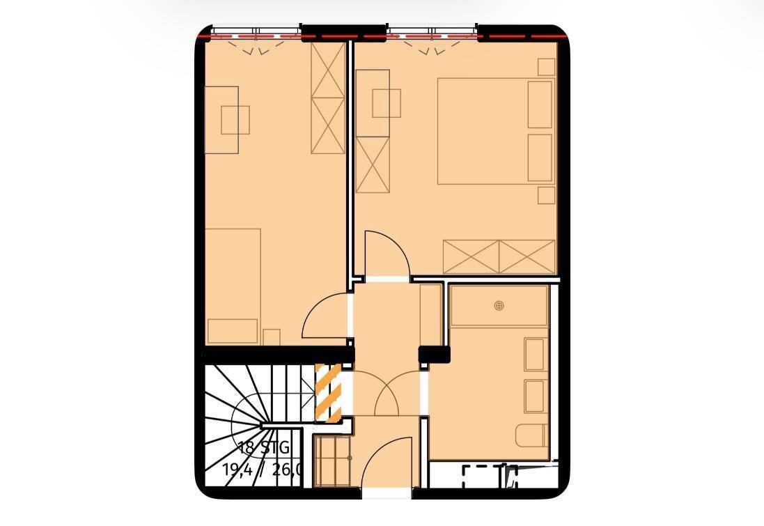 Grundrissplan einer Wohneinheit mit mehreren Zimmern und interner Treppe.