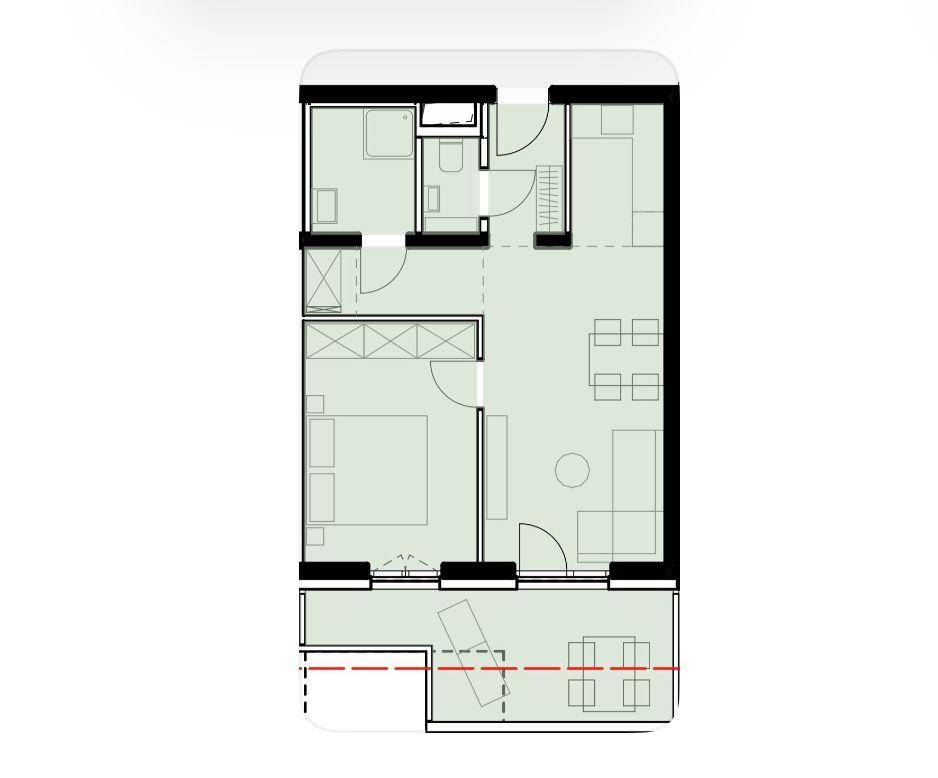 Grundriss einer Wohnung mit mehreren Zimmern, Bad und einem Außenbereich.