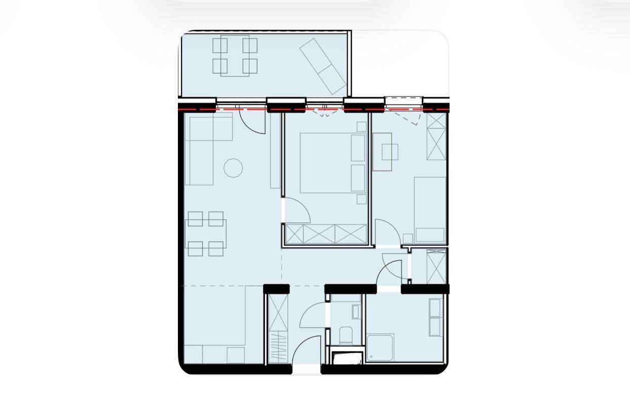 Grundriss einer Wohnung mit drei Zimmern, Bad und großem Balkon.