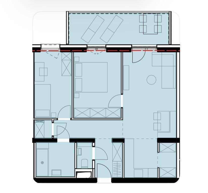 Grundriss einer Wohnung mit mehreren Zimmern, offenem Wohnbereich und großem Balkon.
