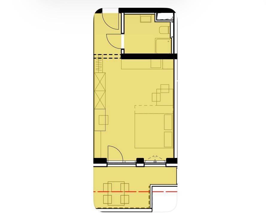 Grundriss einer Wohnung mit Schlafzimmer, Bad und offenem Wohnbereich mit Balkonzugang.
