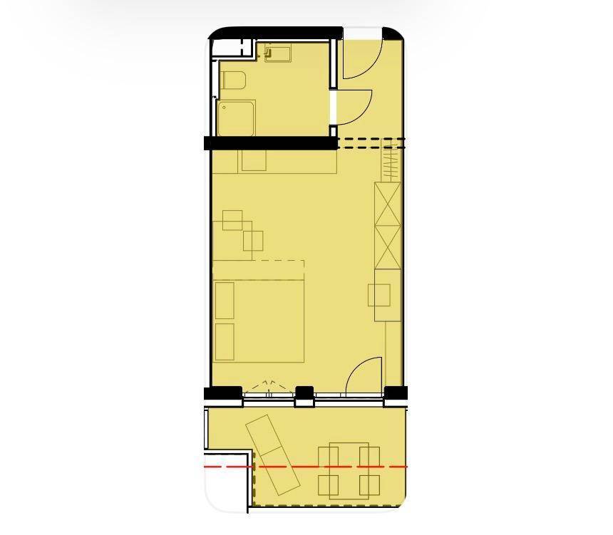 Grundriss einer Wohnung mit Schlafzimmer, Bad und offenem Wohnbereich.