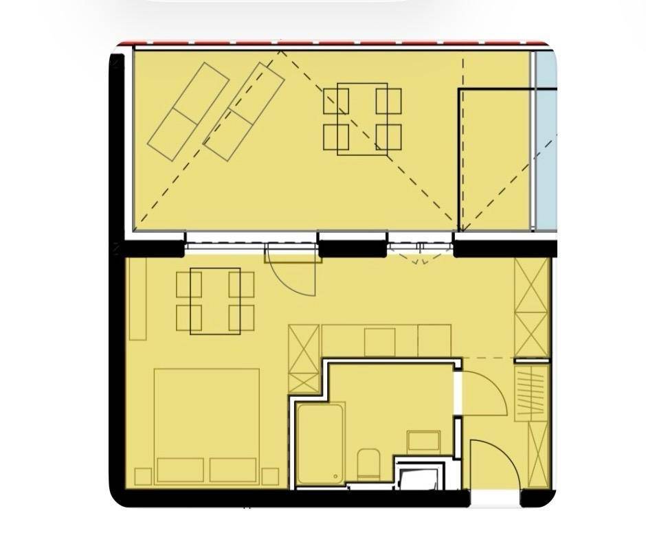 Grundriss einer Wohnung mit offenem Wohnbereich, Schlafzimmer, Bad und großzügiger Terrasse.