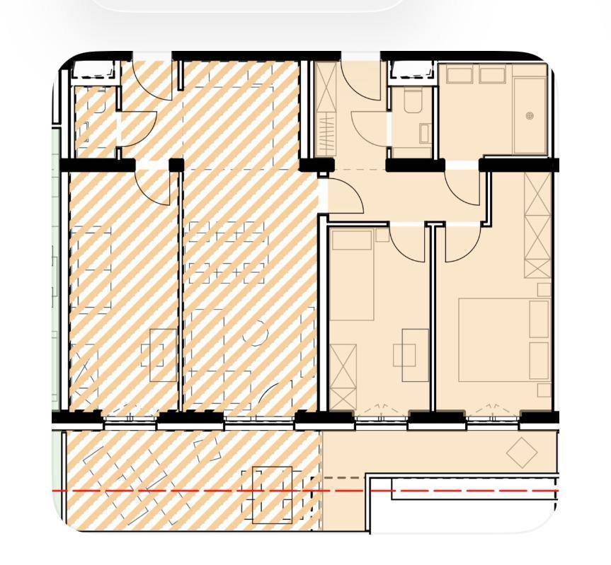 Grundriss einer Wohnung mit mehreren Zimmern und einem großen offenen Wohnbereich.