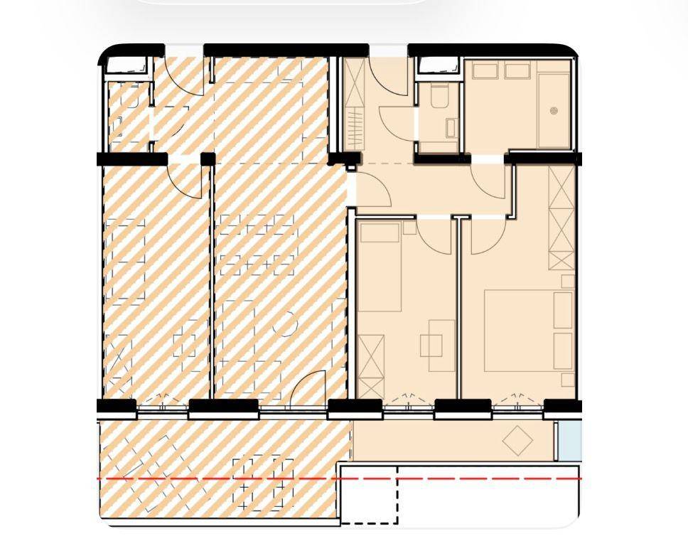 Grundriss einer Wohnung mit offenem Wohnbereich, drei Schlafzimmern und Balkonzugang.