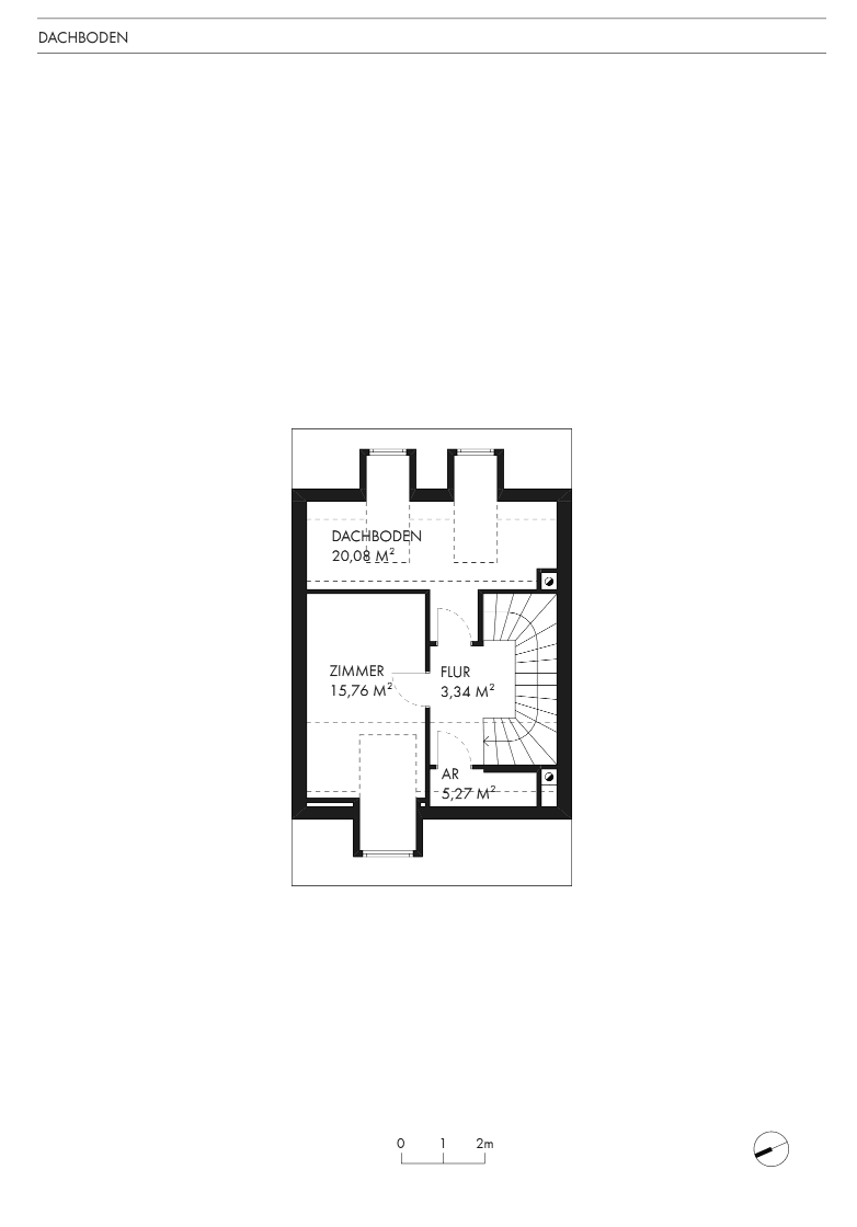 Grundriss des Dachbodens mit einem Zimmer, Abstellraum und angedeuteten Dachschrägen.