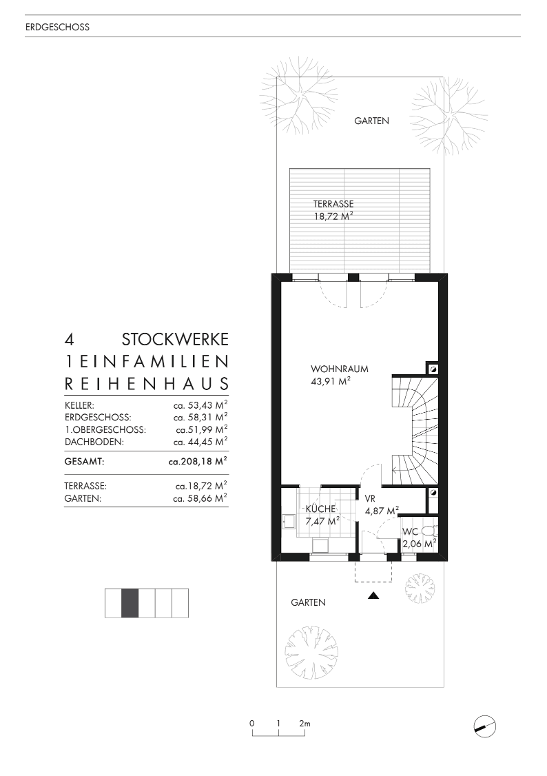 Grundriss des Erdgeschosses mit Wohnraum, Küche, WC und direktem Zugang zur Terrasse und Garten.