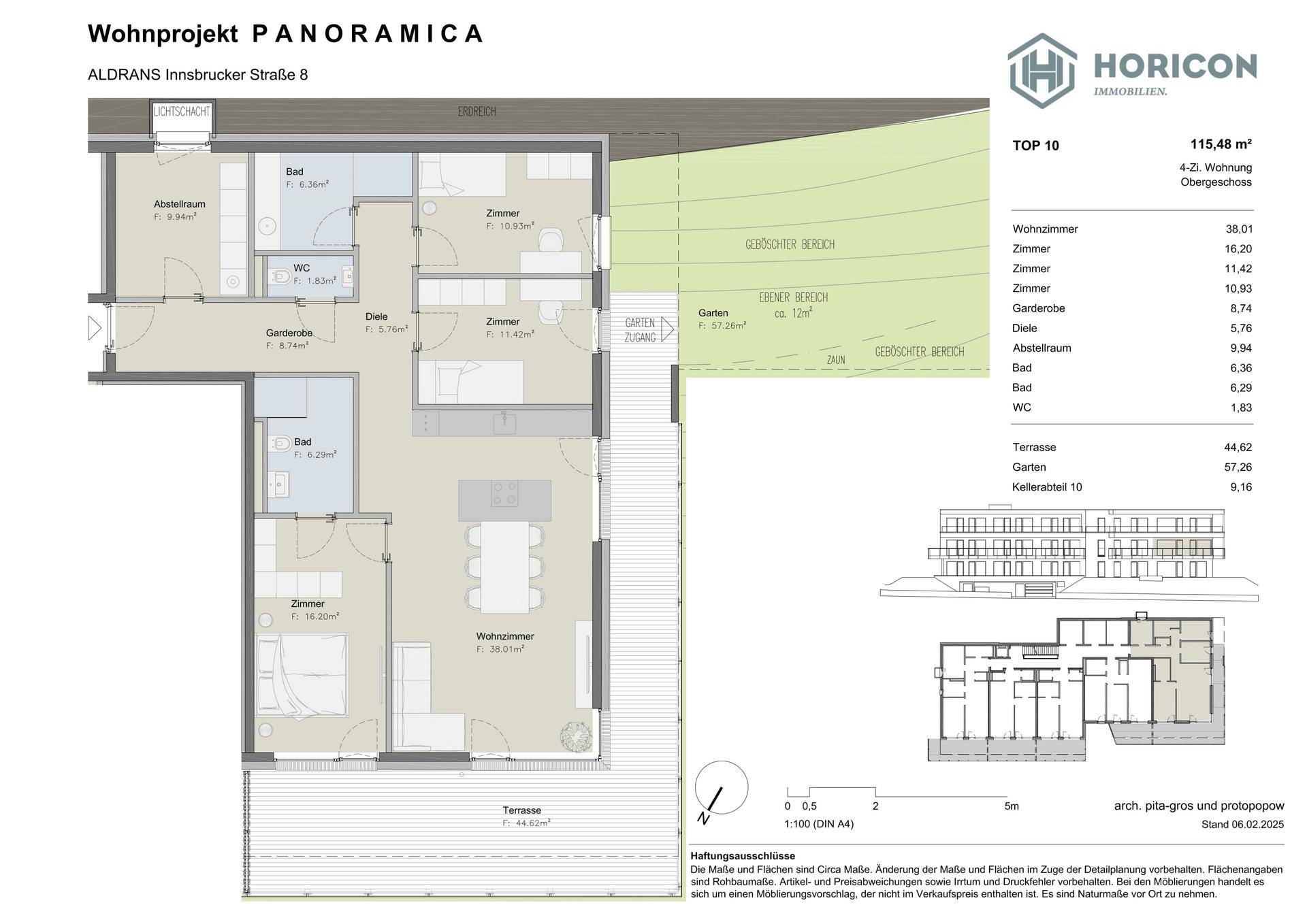Detaillierter Grundriss der Wohnung TOP 10 mit Terrasse, Garten und mehreren Zimmern.