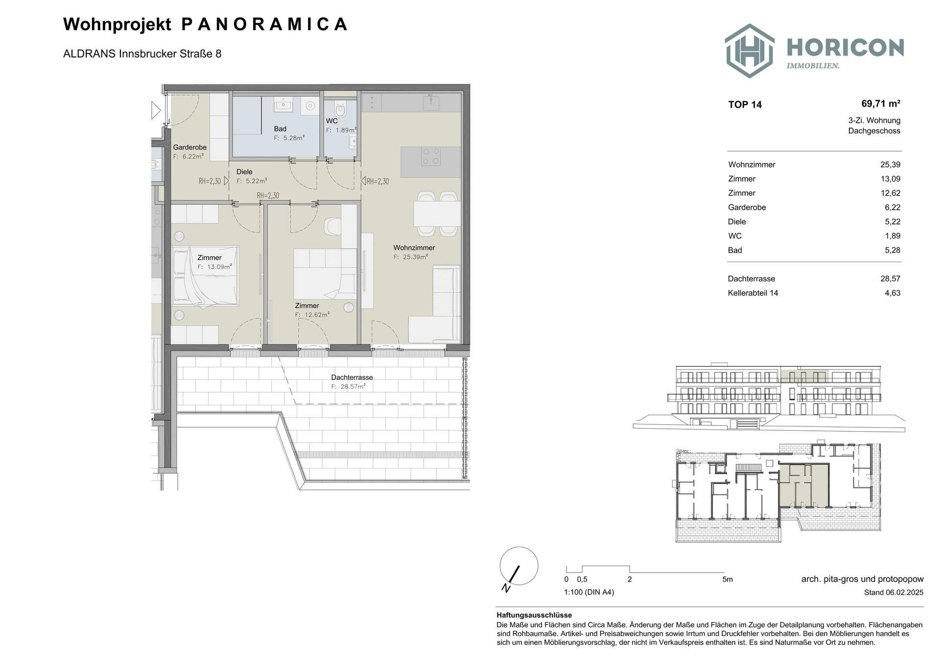 Detaillierter Grundriss der Wohnung TOP 14 mit Dachterrasse, zwei Schlafzimmern und offenem Wohnbereich.