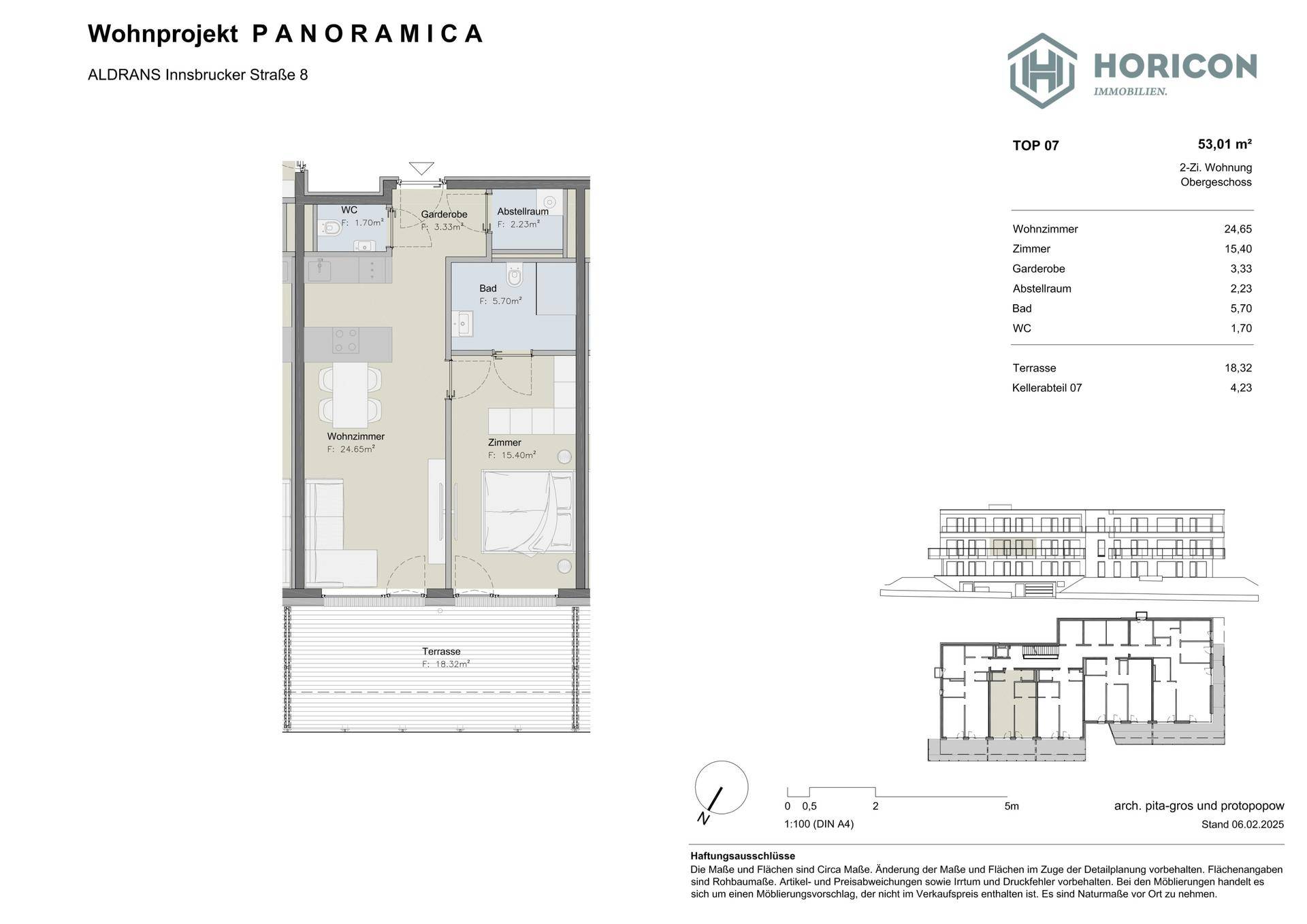 Grundriss einer Wohnung mit Wohnzimmer, Schlafzimmer, Bad, WC und großer Terrasse.