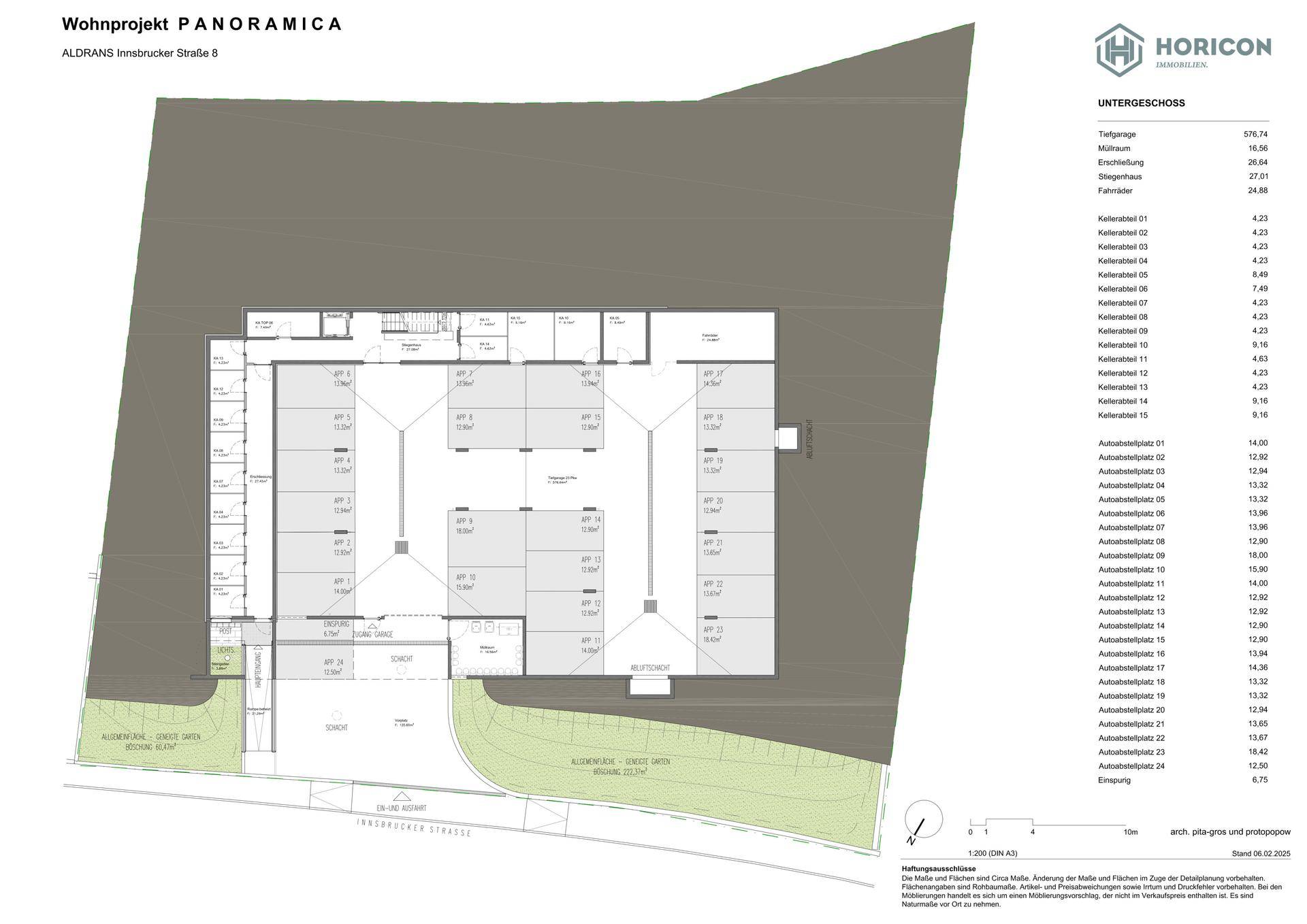 Grundriss des Untergeschosses mit Tiefgarage und zahlreichen Kellerräumen für die Bewohner.