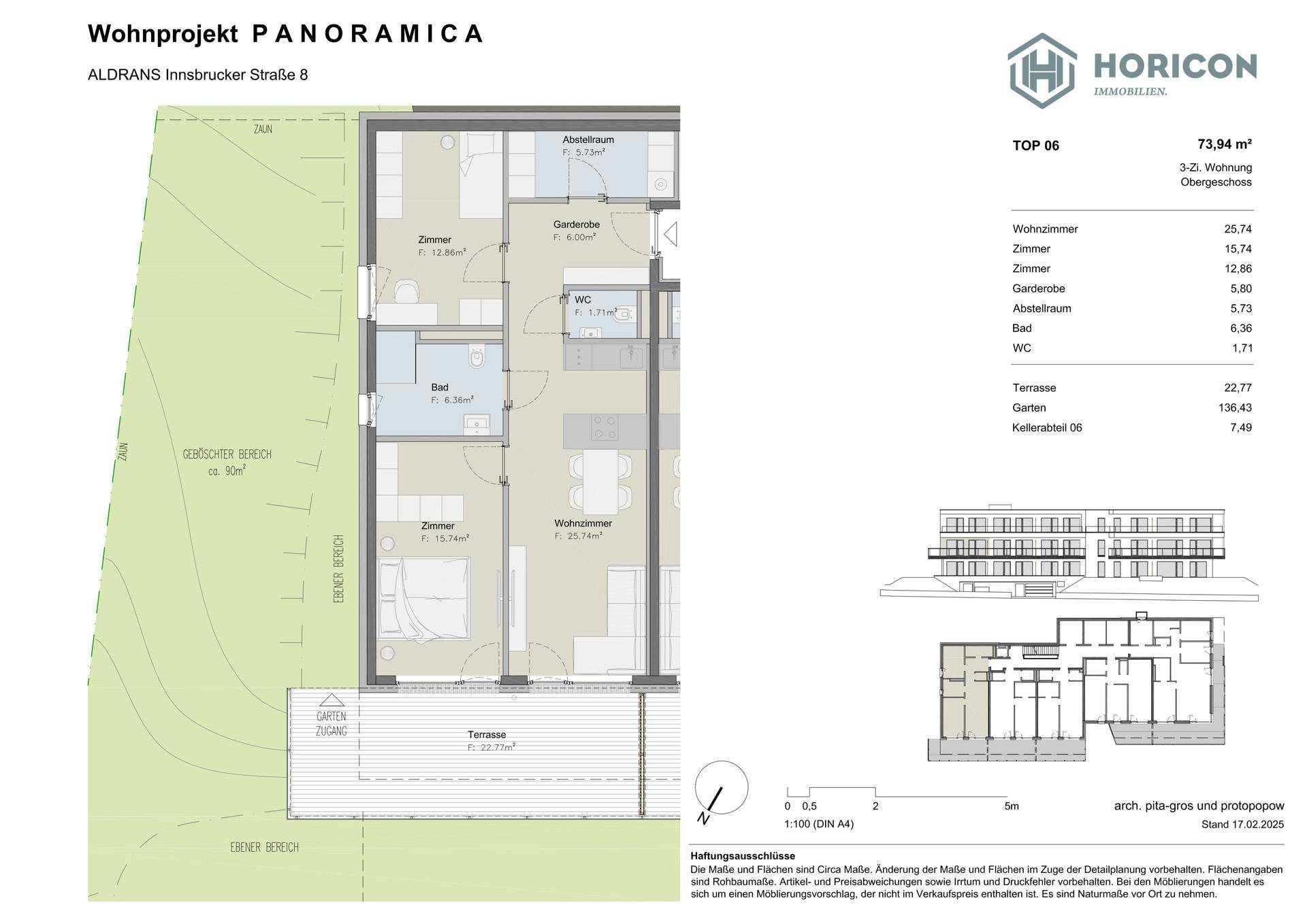 Detaillierter Grundriss der Wohnung TOP 06 mit Terrasse, Garten, Bad und separatem WC.
