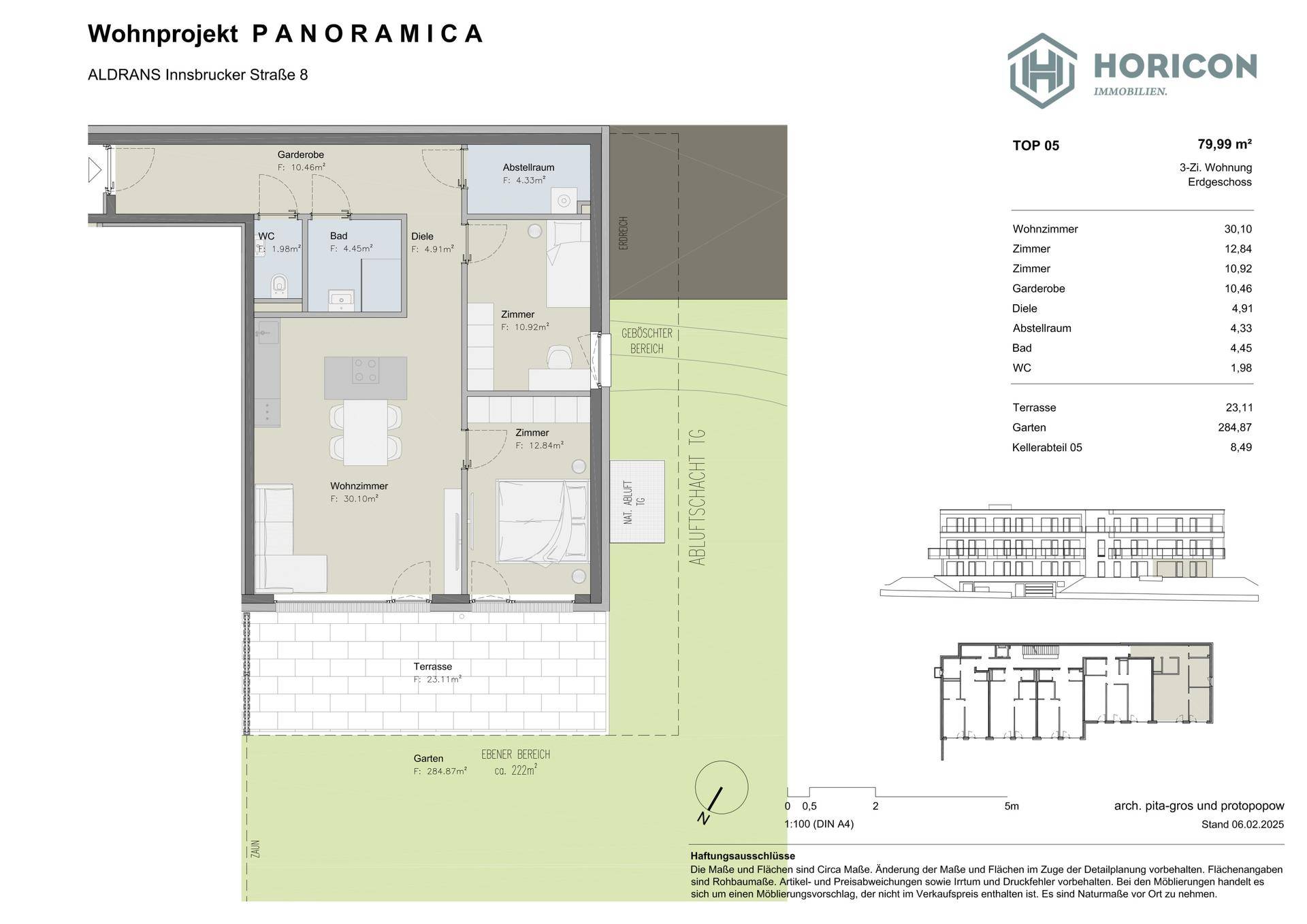 Grundriss der Wohnung TOP 05 mit Wohnzimmer, Schlafzimmern, Bad, WC, Terrasse und Garten.