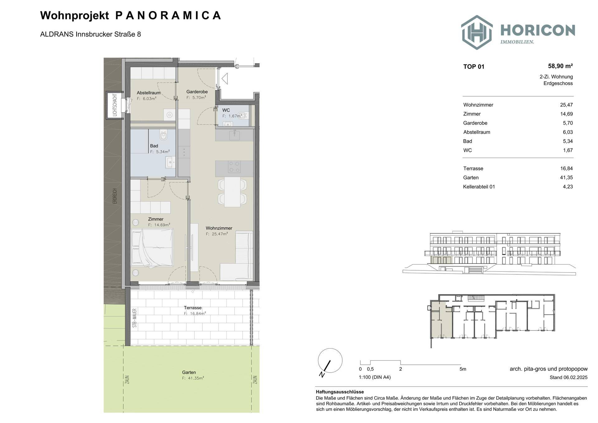 Grundriss einer 2-Zimmer-Wohnung mit Terrasse, Garten, Bad und separatem WC.
