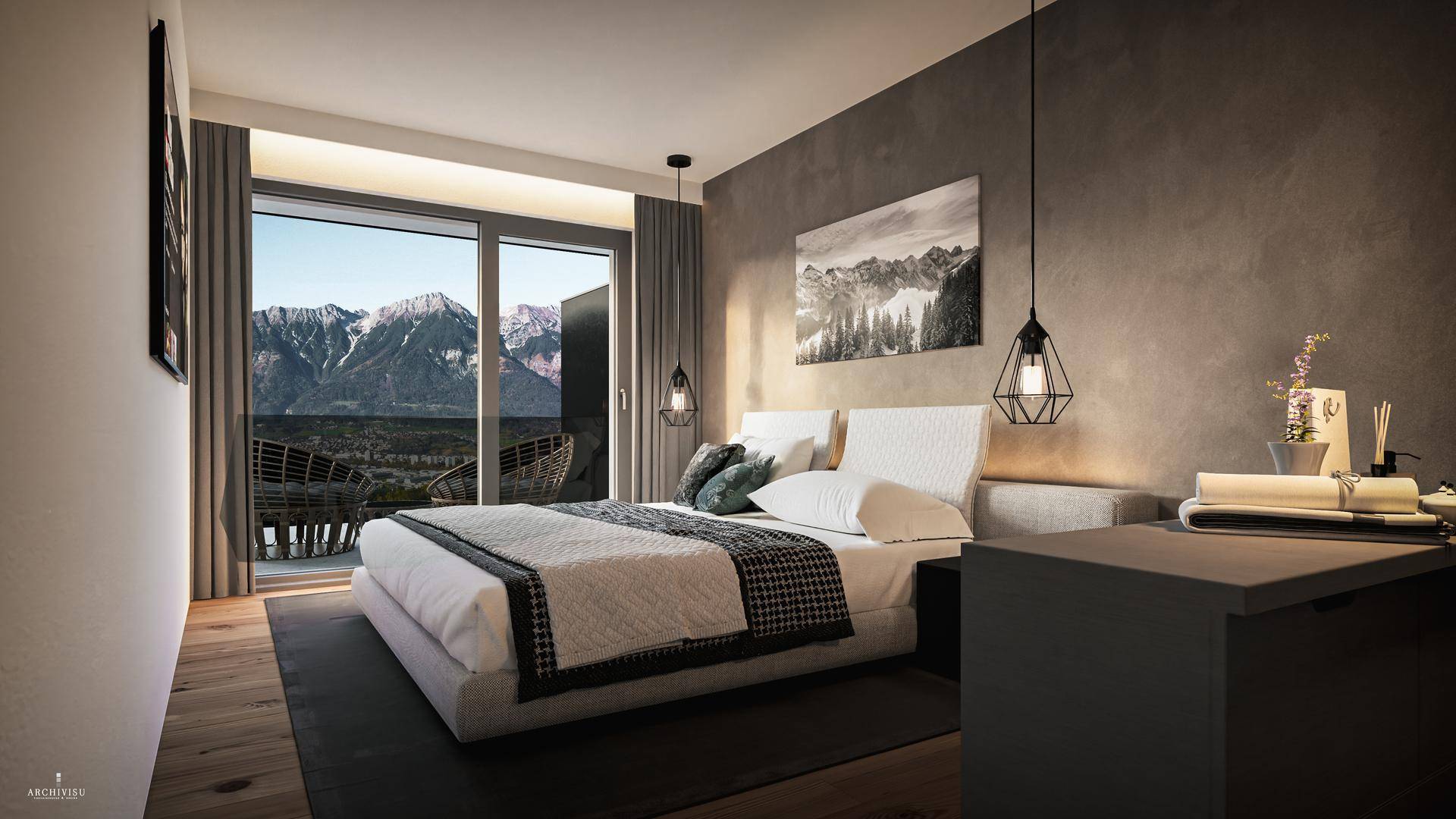 Modernes Schlafzimmer mit großem Fenster, Holzboden und direktem Blick auf die Berge.