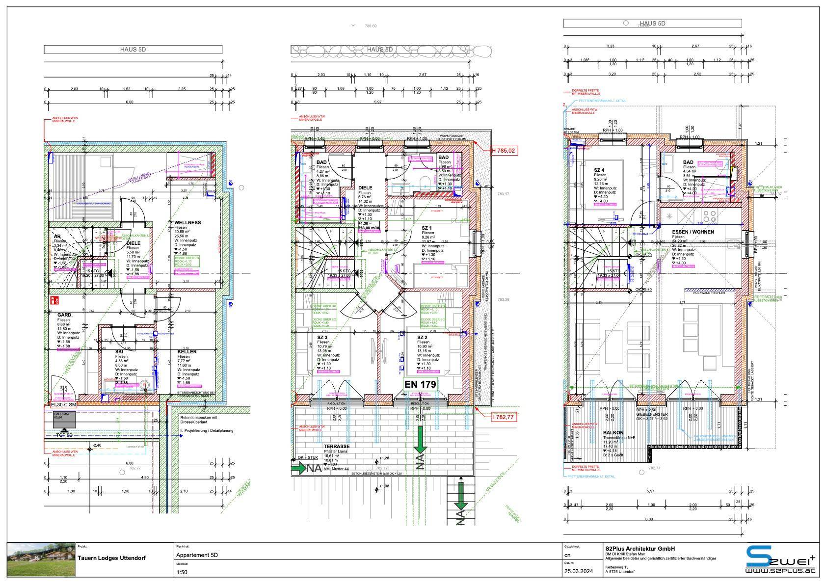 Detaillierter Grundriss mit drei Ebenen, inklusive Wellnessbereich, Keller und Balkon.
