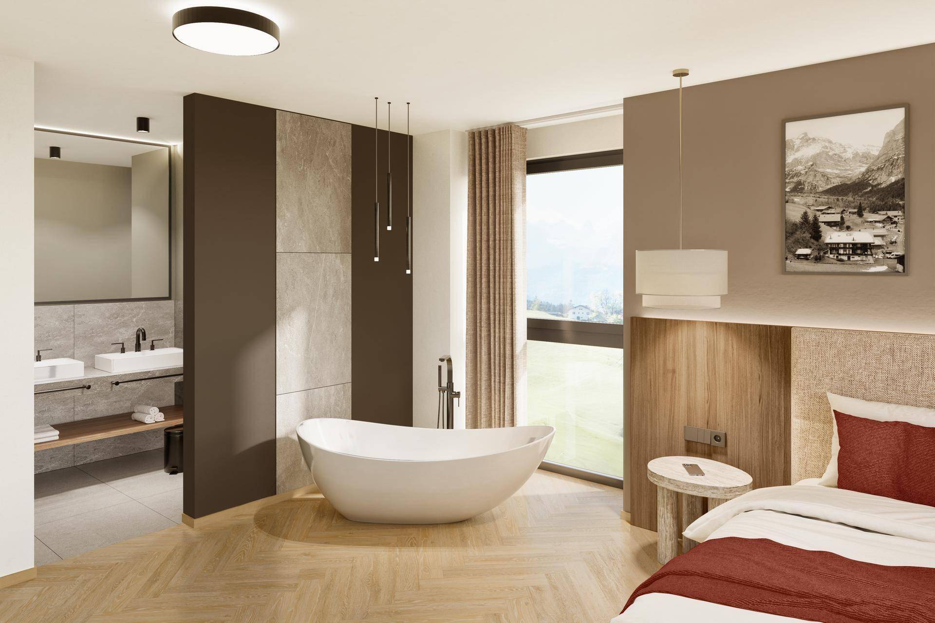 Geräumiges Schlafzimmer mit freistehender Badewanne und offenem Übergang zum modernen Badezimmer.