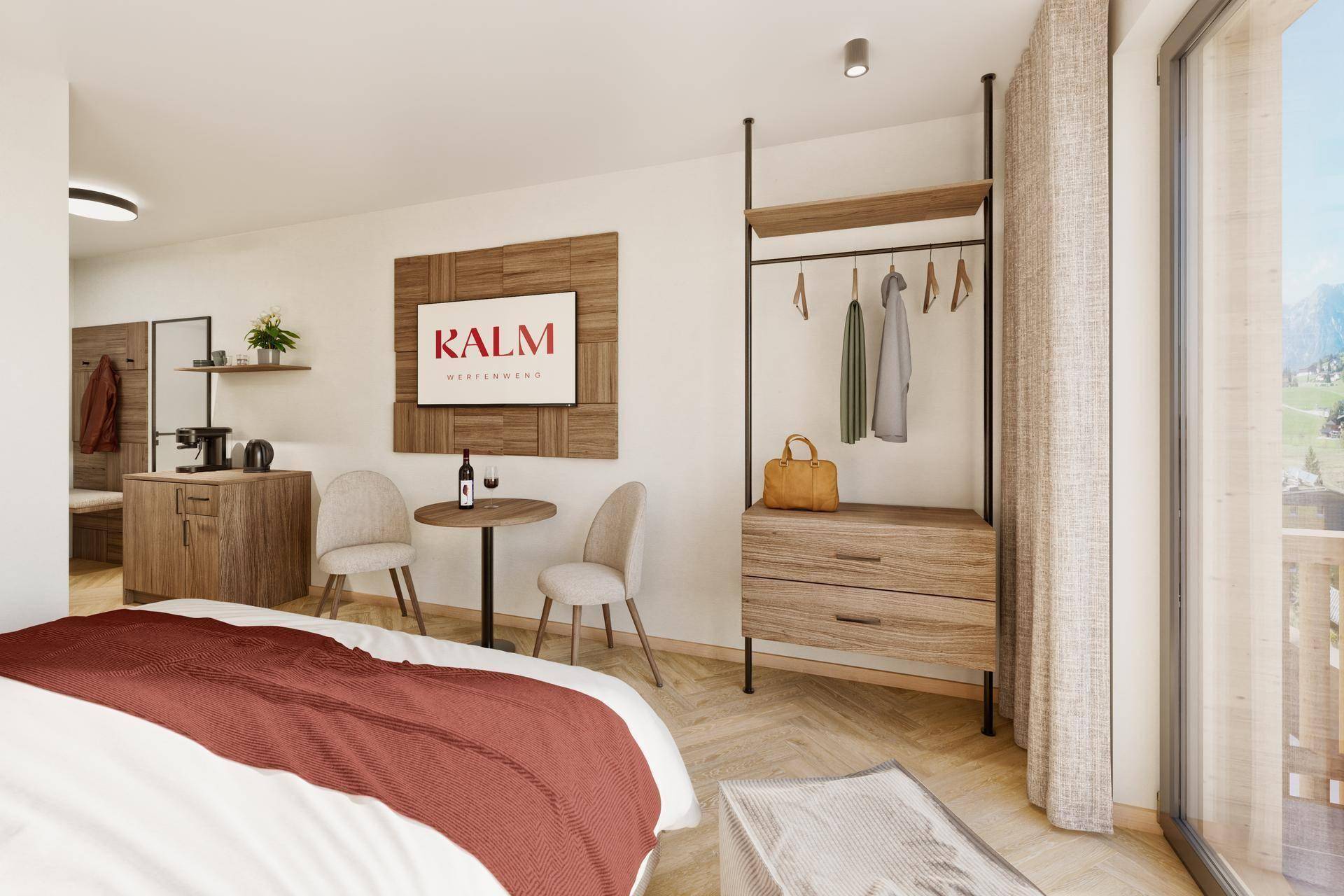 Gemütliches Schlafzimmer mit Essbereich, offenem Kleiderschrank und kleiner Küchenzeile.