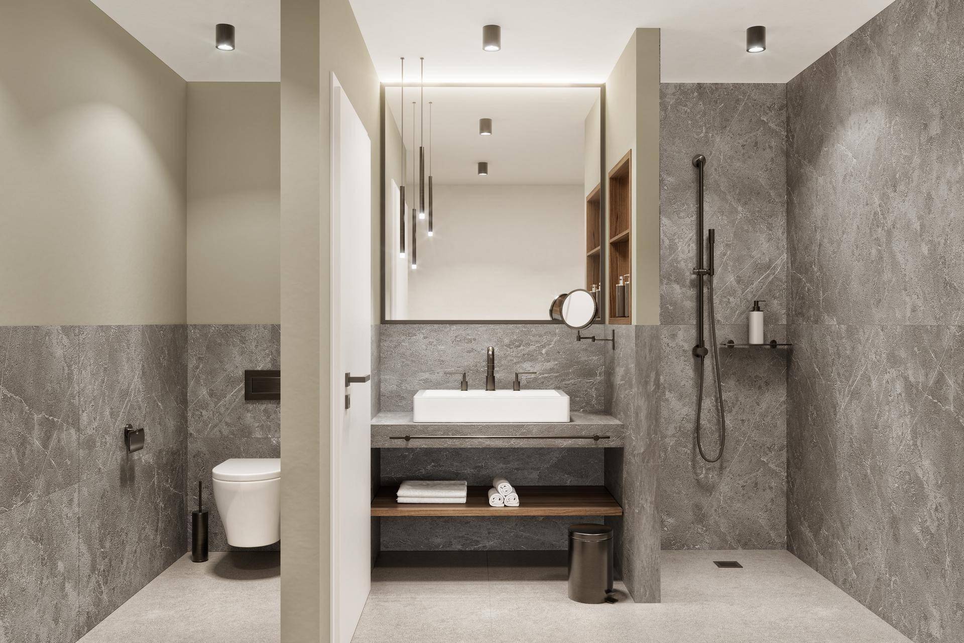 Modernes Badezimmer mit großer begehbarer Dusche, Wand-WC und Doppelwaschbecken.