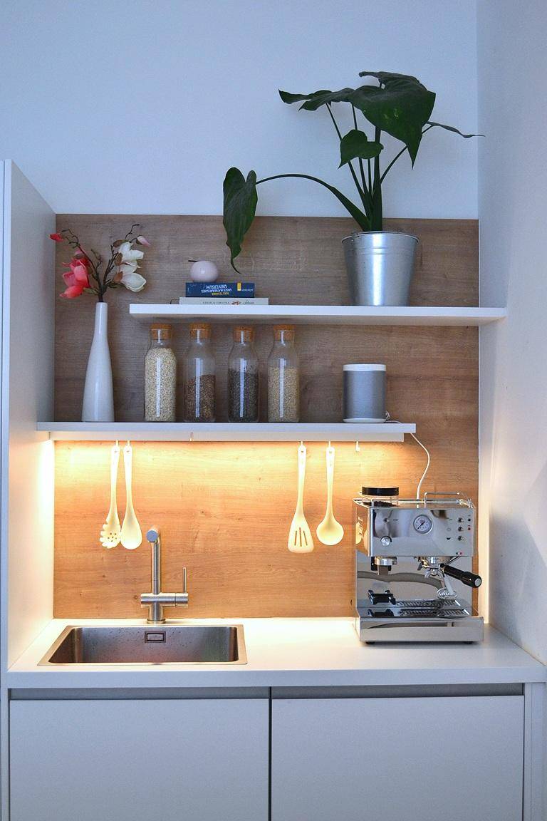 Detailansicht des Küchenbereichs mit Spüle, Kaffeemaschine und dekorativen Regalen.