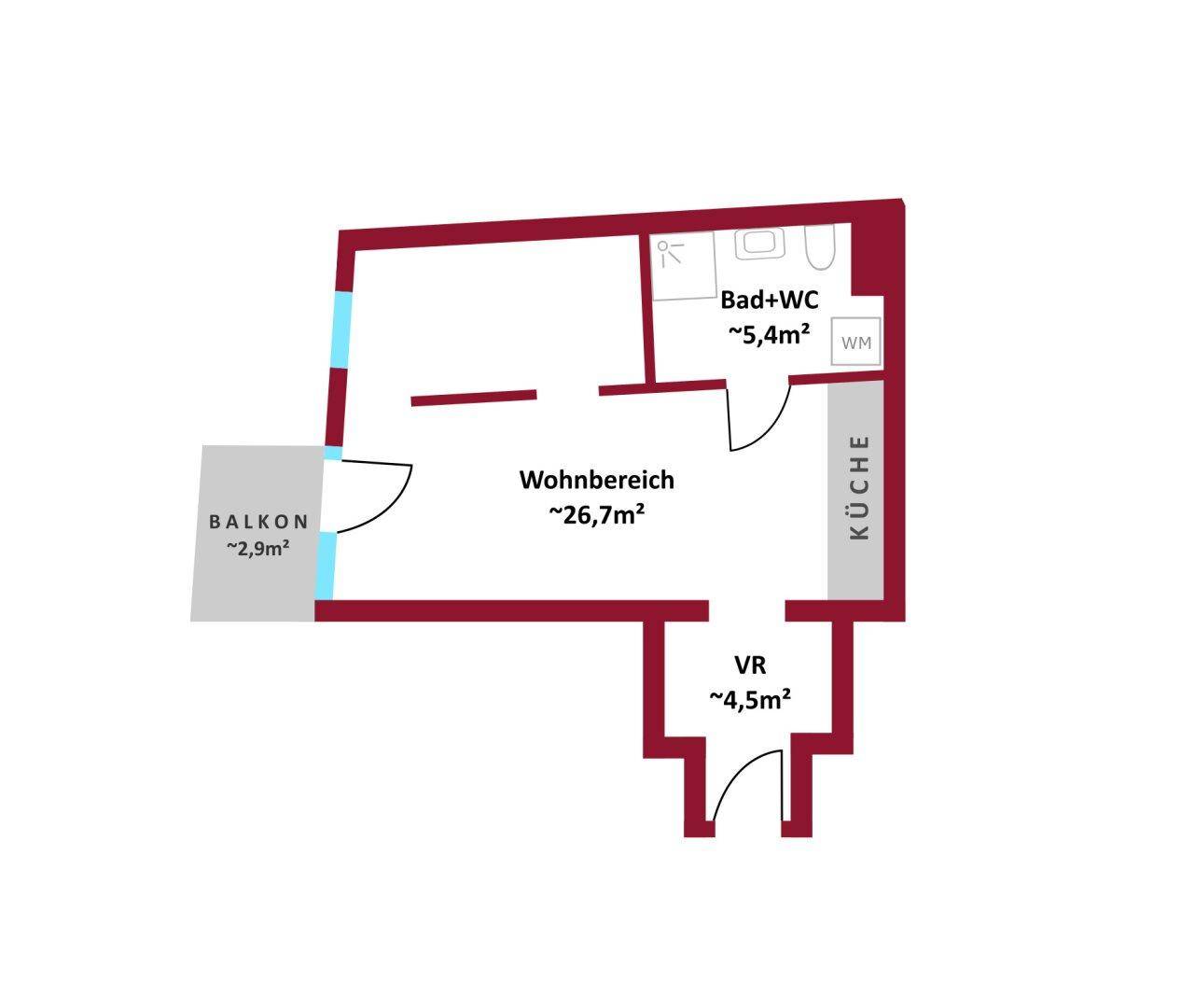 Grundriss einer Wohnung mit Wohnbereich, Küche, Bad und Balkon.