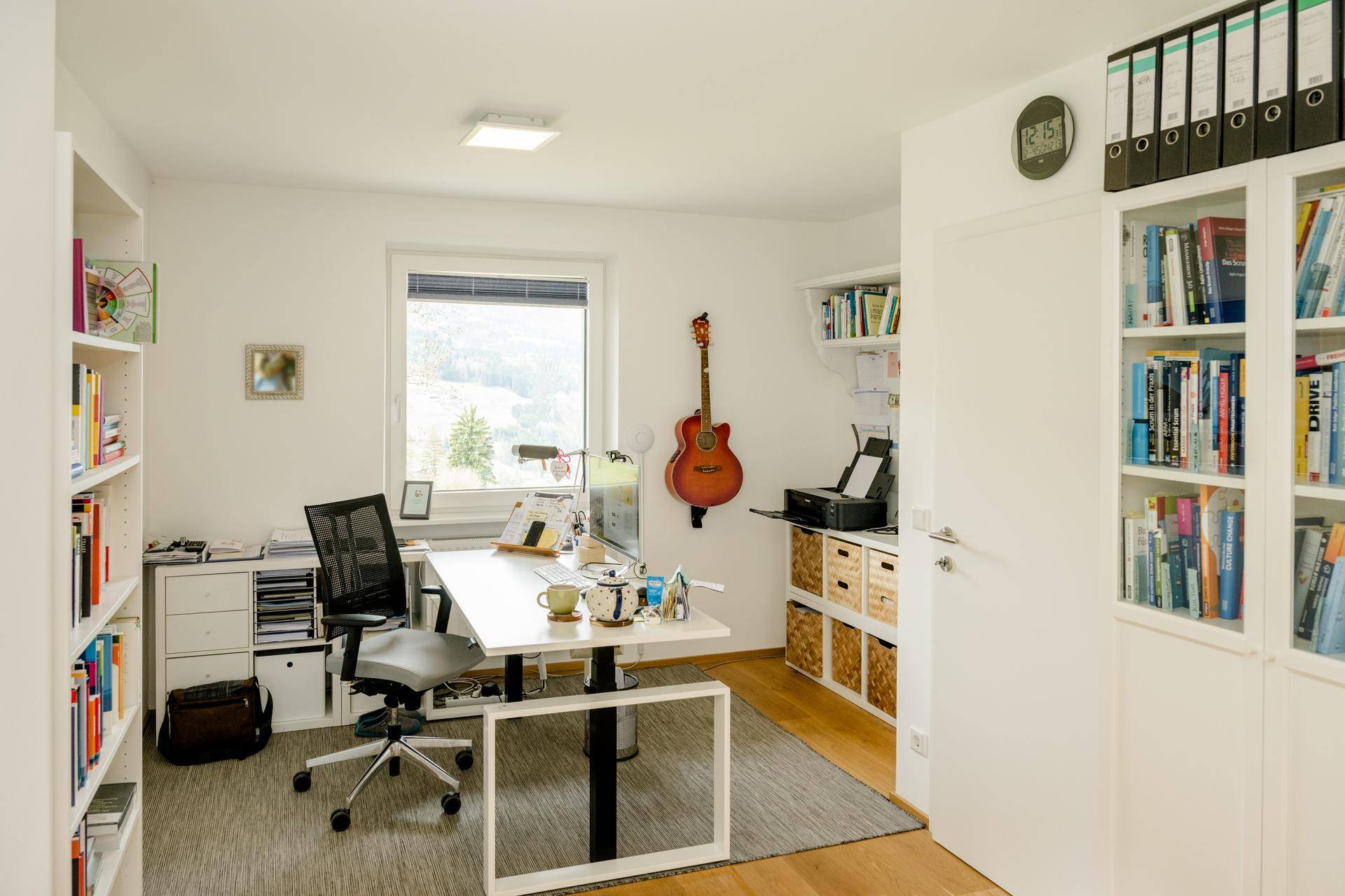 Funktionales Arbeitszimmer mit Schreibtisch, Bücherregalen und Blick auf die grüne Umgebung.