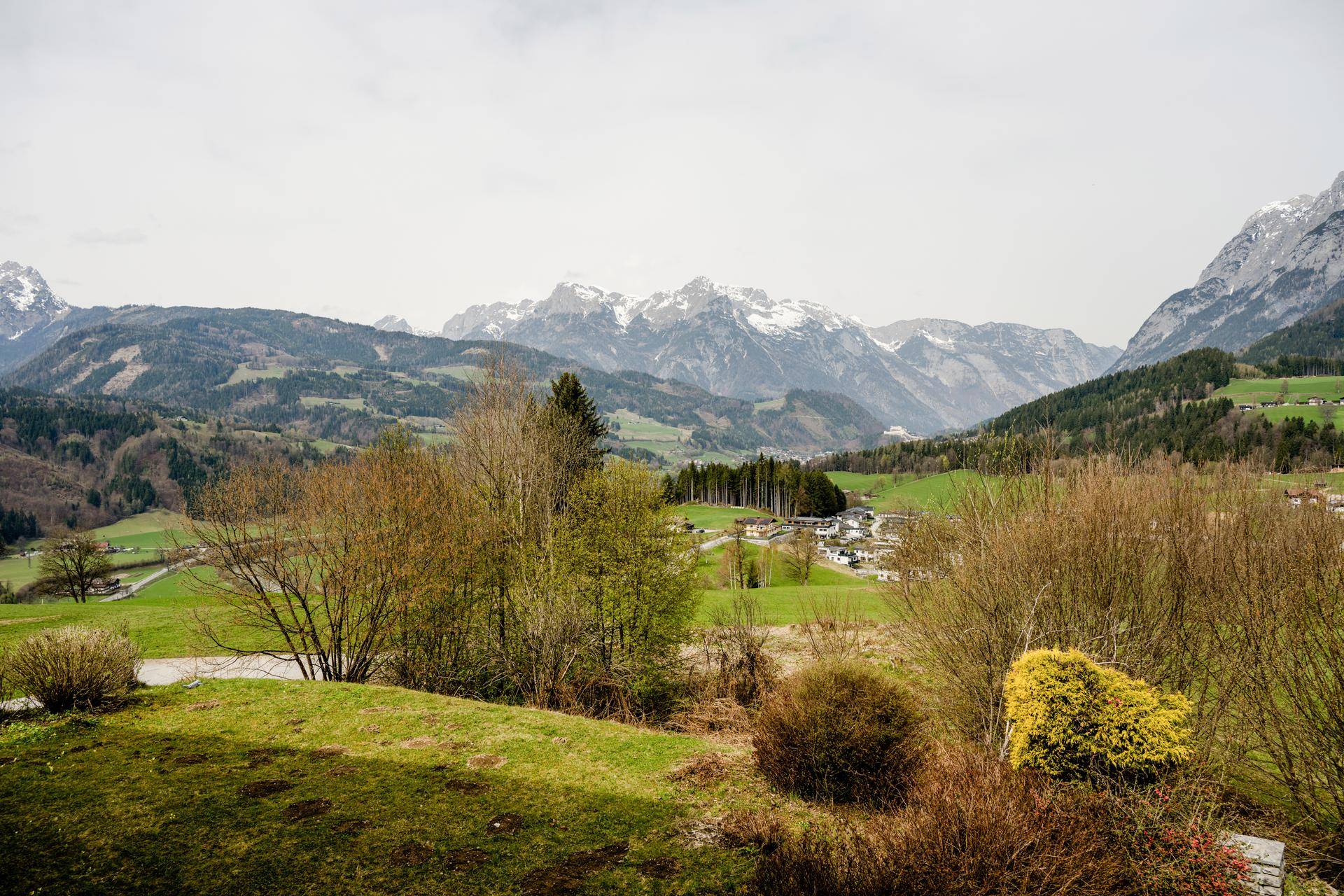 Weitläufiger Blick auf grüne Hügel, Wälder und schneebedeckte Berge in der Ferne.