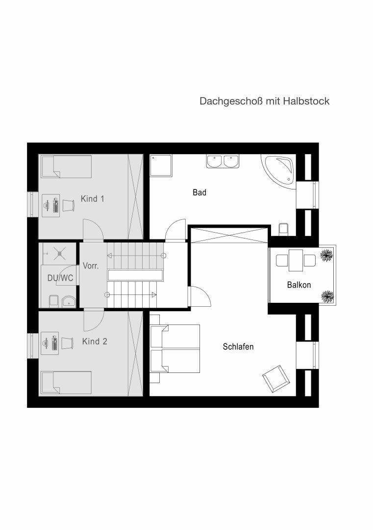 Grundriss des Dachgeschosses mit zwei Kinderzimmern, Schlafzimmer und Bad mit Balkon.