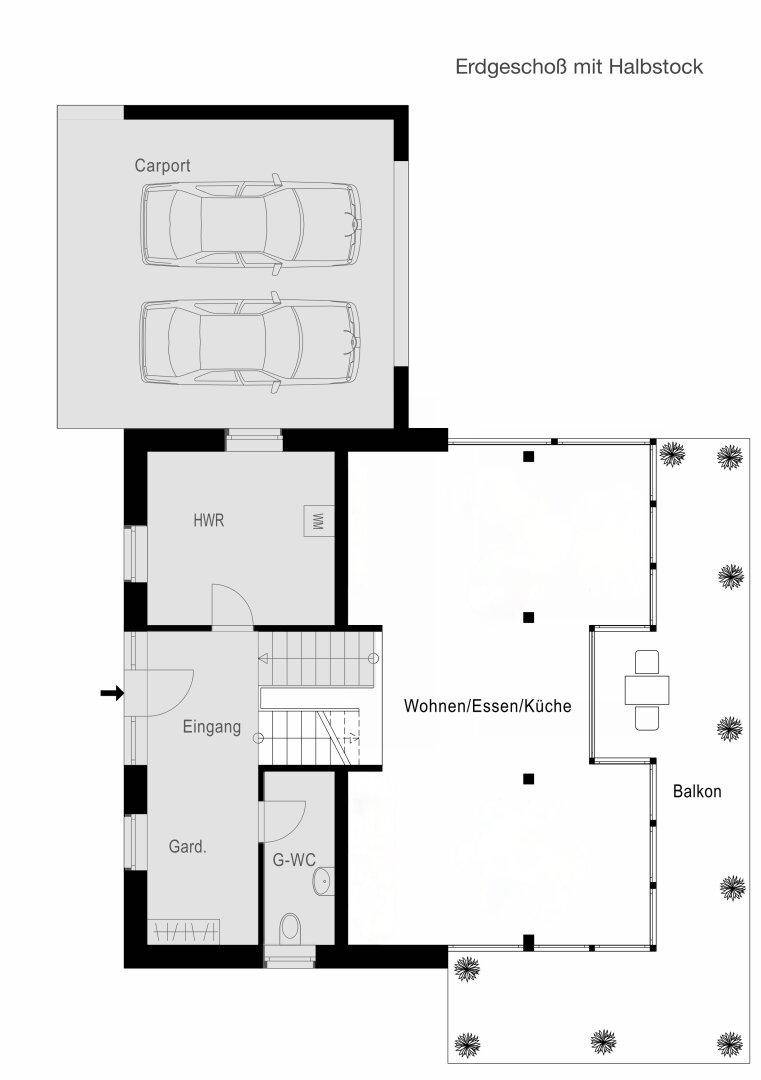 Grundriss des Erdgeschosses mit Carport, Wohn-Ess-Küche und Balkon.