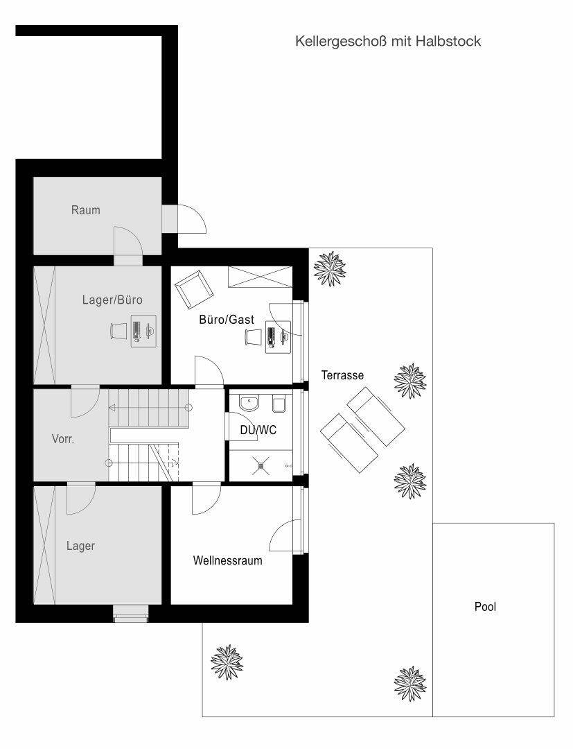 Grundriss des Kellergeschosses mit Wellnessraum, Lager und direktem Zugang zur Terrasse und Pool.