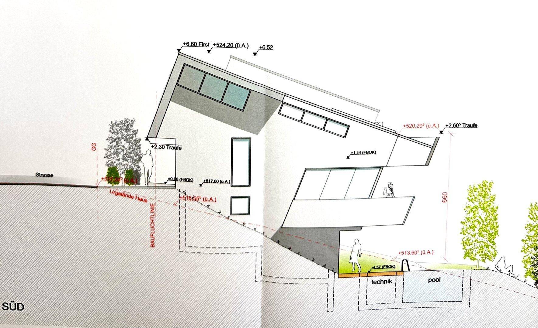 Architektonischer Schnittplan des Hauses von Süden mit Balkon, Pool und Hanglage.