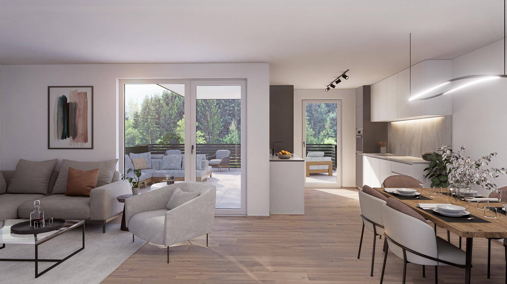Heller, offener Wohn- und Essbereich mit Holzboden, moderner Küche und Zugang zur Terrasse.